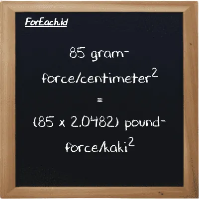 Cara konversi gram-force/centimeter<sup>2</sup> ke pound-force/kaki<sup>2</sup> (gf/cm<sup>2</sup> ke lbf/ft<sup>2</sup>): 85 gram-force/centimeter<sup>2</sup> (gf/cm<sup>2</sup>) setara dengan 85 dikalikan dengan 2.0482 pound-force/kaki<sup>2</sup> (lbf/ft<sup>2</sup>)